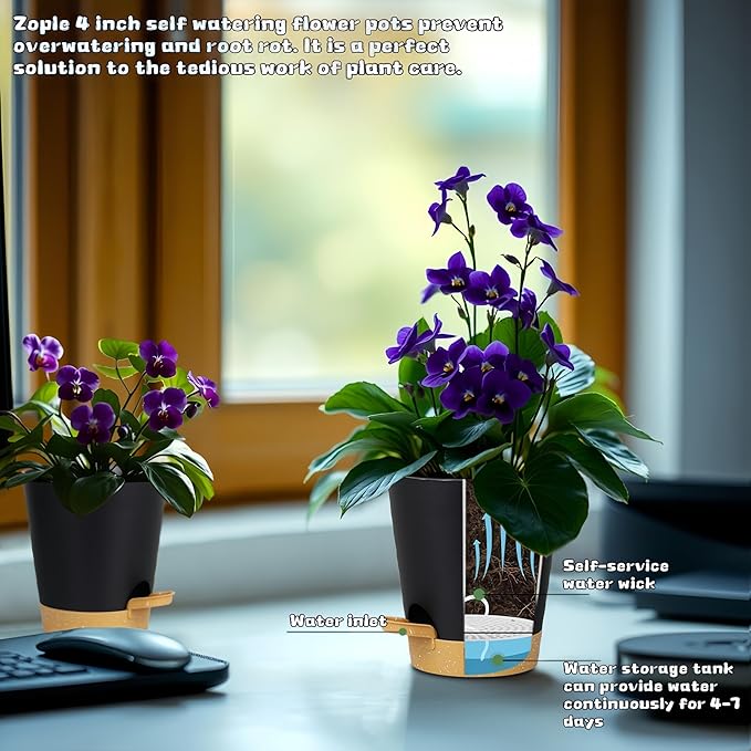 12 Pack 4 Inch Self Watering Plant Pots with Drainage and Saucers，Plastic Flower Pots for Indoor and Outdoor Plants, Nursery Planters for Houseplants and Herbs Black Brown, 4 inch 12pcs