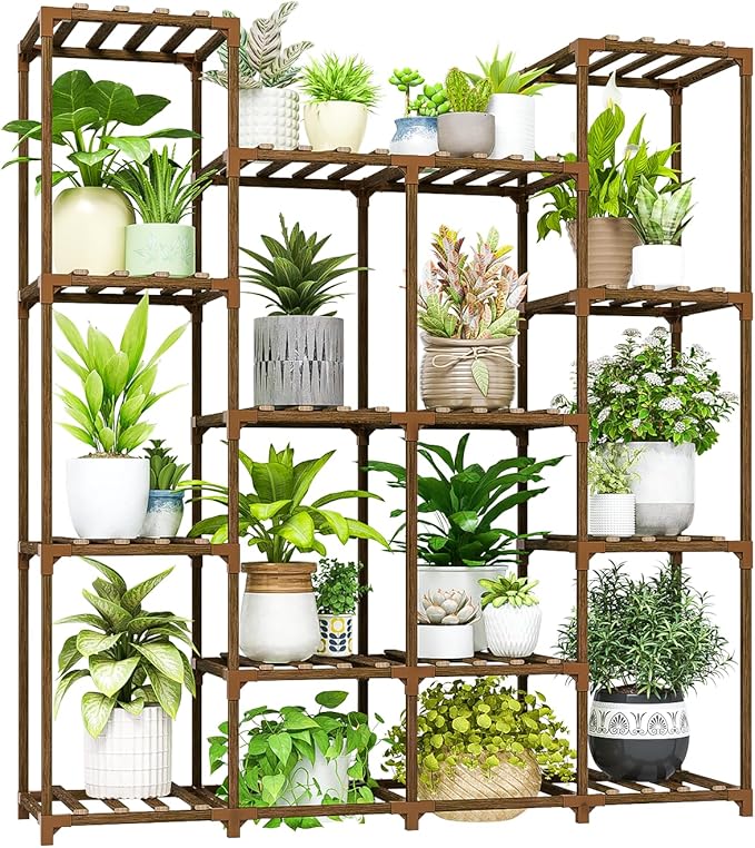 Bamworld Plant Stand Indoor Large Plant Shelf Tall Flower Stands 14 Pots Outdoor Plant Rack for Garden Balcony Patio Window Living Room Corner Wood