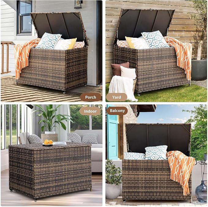 178 Gallon Outdoor Storage Box, Handle Large Portable Wicker Rattan Deck Box for Patio Furniture Cushions, Patio Deck Box with 2 WheelsThrow Pillows, Garden Tools and Pool Floats (Brown)