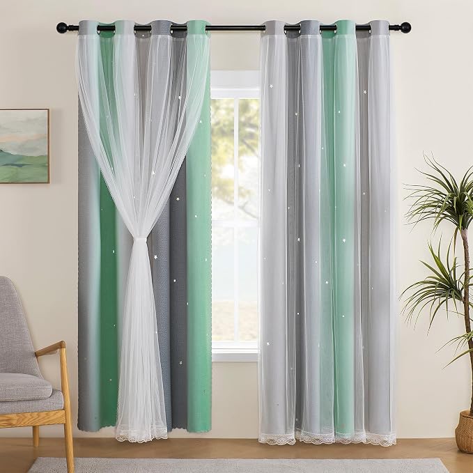 XiDi Curtains for Bedroom Decor, Rainbow Green LightgreyGrey34/96/1 by Addsomecolortolife