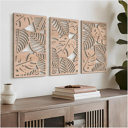 VIYYIEA Boho Solid Wood Carved Wall Art Set of 3, Geometric Minimalist Wooden by VIYYIEAART