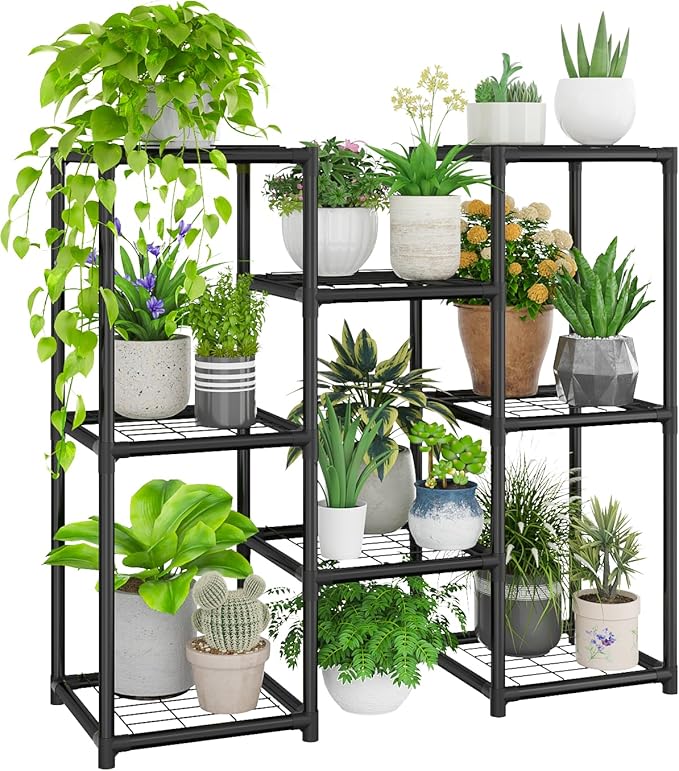 Plant Stand Indoor Outdoor Metal Plant Shelf 3 Tiers Corner Plant Rack for Multiple Plants Flower Holder for Patio Balcony Garden Black