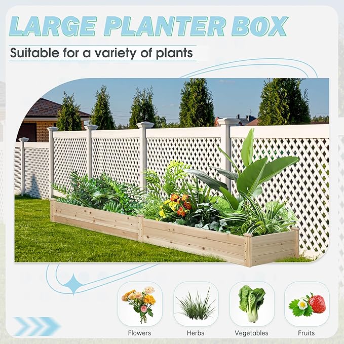 8 Feet Outdoor Wooden Raised Garden Bed, Elevated Planting Planter Box Kit for Vegetables Fruits Grow Yard Gardening, Natural