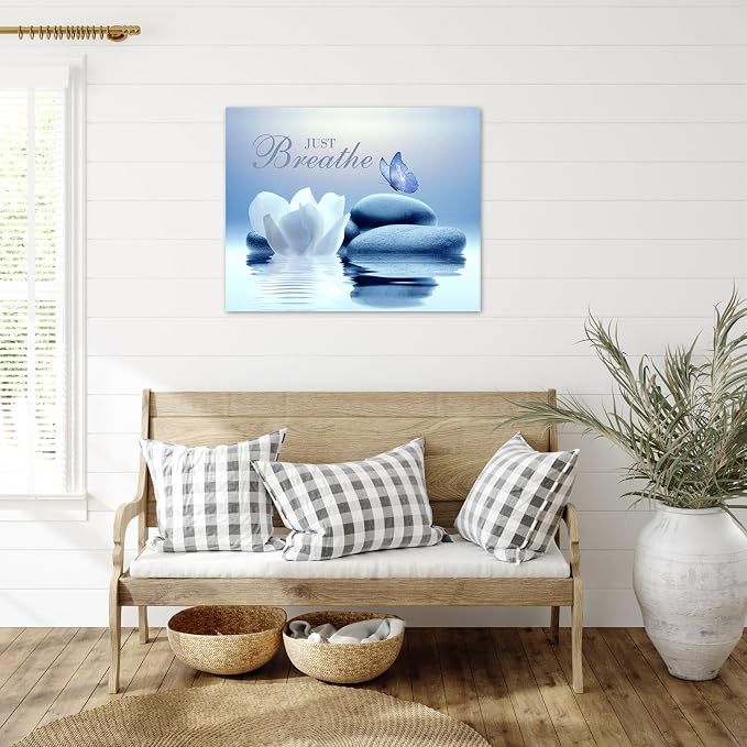 EOBTAIN Zen Framed Wall Art 20x16 Inches Blue Butterfly and Water Lily Flower - Image 2