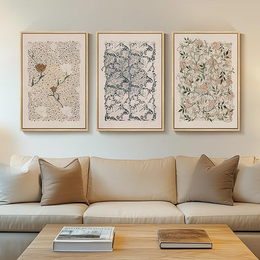 Framed Large William Morris Canvas Wall Art Set of 3, Vintage Nature Floral by Cuspin