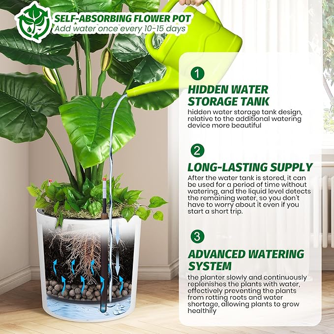 Tall Round Planter Set of 2, 19.5‘’ H x 19.9" Dia Large Planters for Indoor Plants with Built-in Drainage and a Water Level Monitor and Wheels for Patio, Porch, Living Room, or Home Office, White