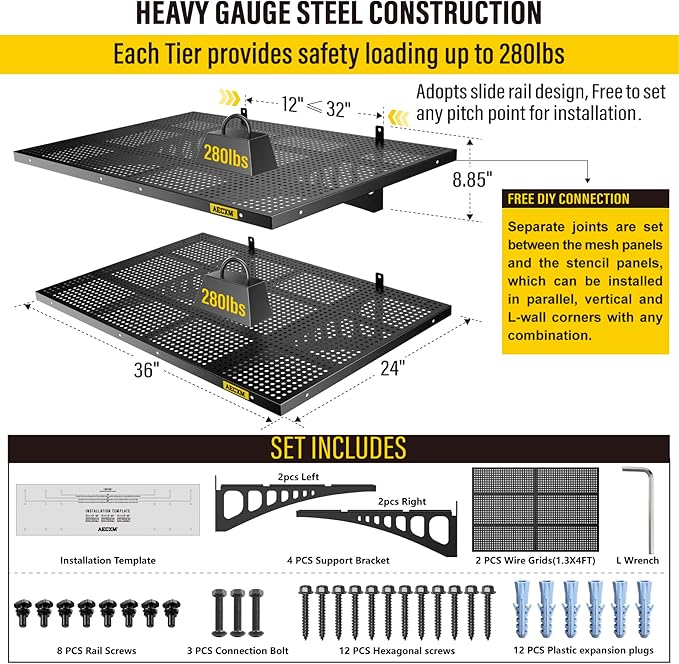2-Pack 2x3ft Adjustable Garage Wall Shelving 560lbs Load Capacity Heavy Duty Wall Mounted Storage Shelf Metal Floating Shelves for Garage(Black)