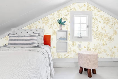 Froluya Cream White and Gold Floral Wallpaper Peel and Stick Wallpaper - Image 9