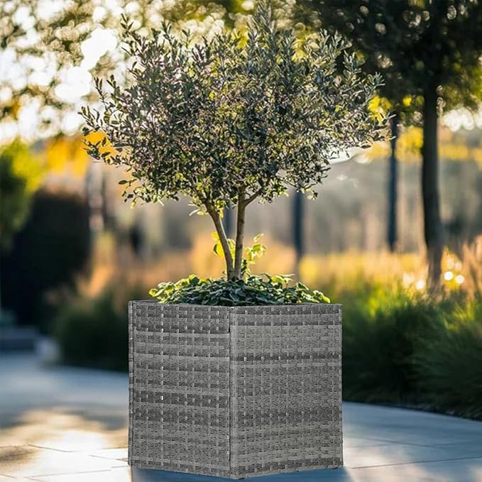LEWIS&WAYNE Large Square Planter Box Handmade Wicker Tall Planters for Outdoor Plants with Removable Liners Modern Planter for Indoor Outdoor Garden Patio Front Porch - Gray, 17''x17''x18''