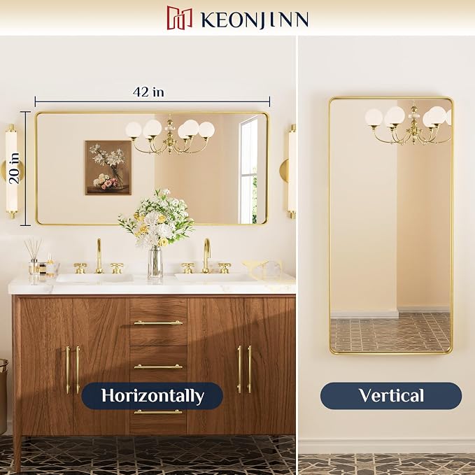 Keonjinn Brushed Gold Bathroom Mirror 48 x 30 Inch Large Rounded Rectangle - Image 9