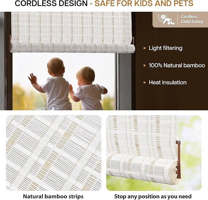 LazBlinds No Tools No Drill Bamboo Roller Shades, Custom Cordless Bamboo Blinds - Image 3