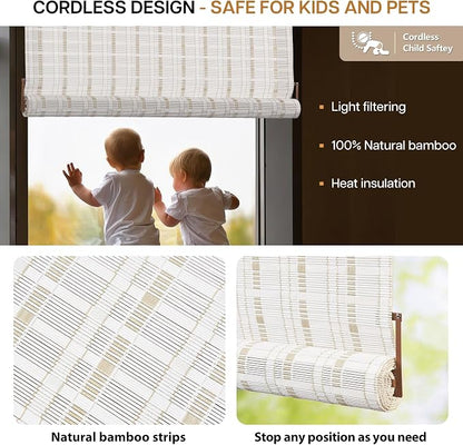 LazBlinds No Tools No Drill Bamboo Roller Shades, Cordless Bamboo Blinds - Image 3