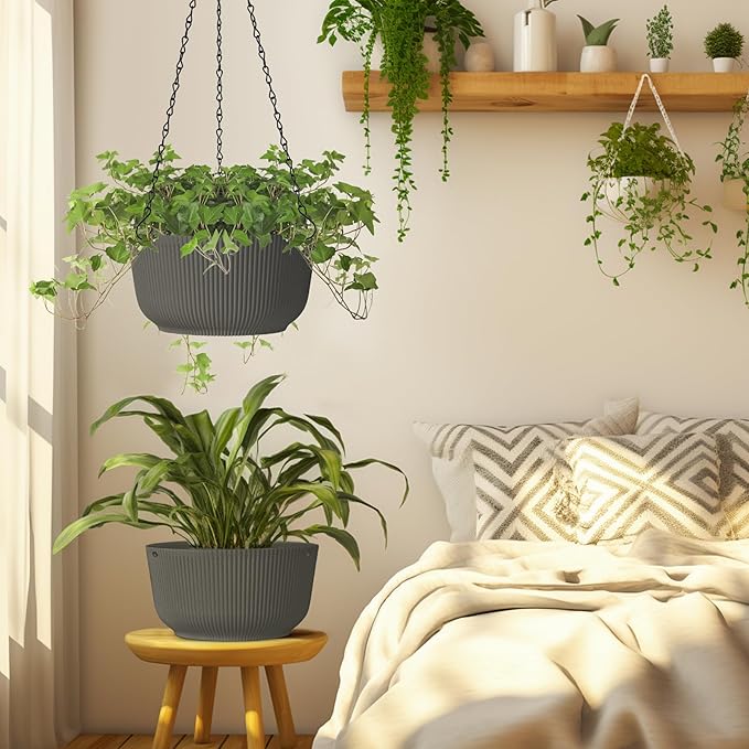 T4U 8 Inch Hanging Planters for Indoor Outdoor Plants, Self Watering Hanging Pot Pack of 2, Hanging Pots with Drainage Hole & Plug & Chain with 3 Hooks for Garden Home Decor, Grey