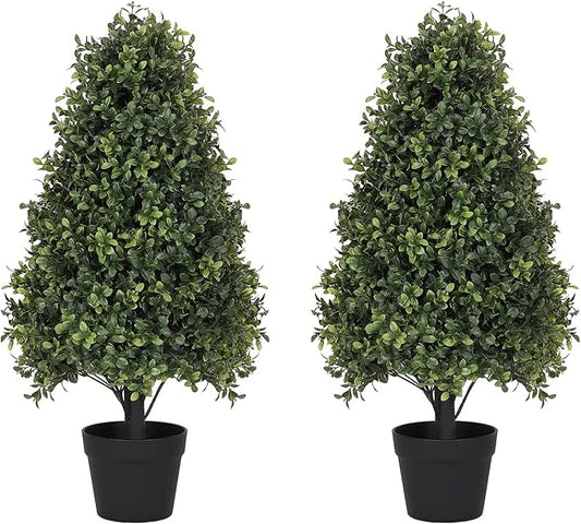 30" Boxwood Topiary Trees Artificial Outdoor Set of 2, UV Resistant Faux Plants for Front Porch Planters, Realistic Cone-Shaped Fake Bushes & Shrubs, 2.5ft Evergreen Decoration