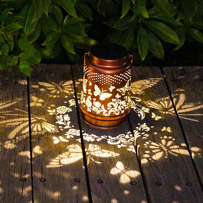 2 Pack Solar Butterfly Lanterns Outdoor Hanging Decor Lantern,Waterproof Hollow Out Retro Metal Decorative Garden Light,Graceful Decoration for Patio,Yard,Landscape,Festival