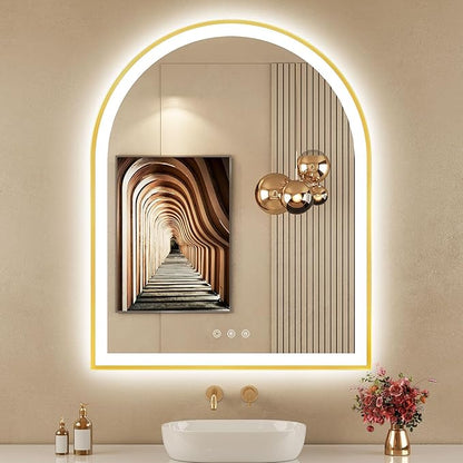 30"x36" Arched LED Mirror for Bathroom, Brushed Gold Lighted Bathroom Mirror by OUMUSUMIRROR