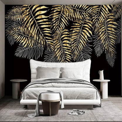 Black and Gold Leaf Mural Bedroom Tropical Botanical Wallpaper Room Plant Decor - Image 2
