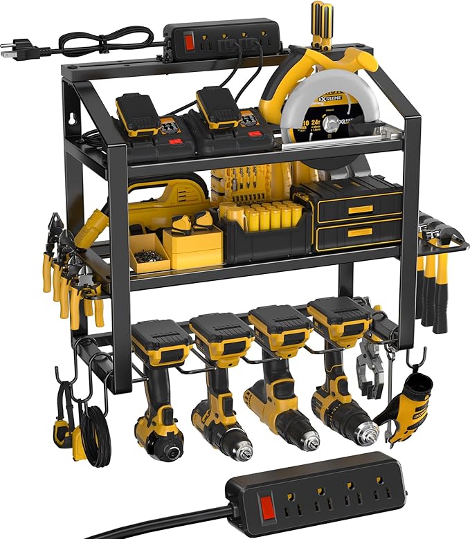 Power Tool Organizer With Charging Station, Heavy Duty Steel 4 Slots, Tool Battery Holder with 4 Outlet Power Strip, Easy To Install Garage Storage Rack for Workshop/Shed Gift For Men