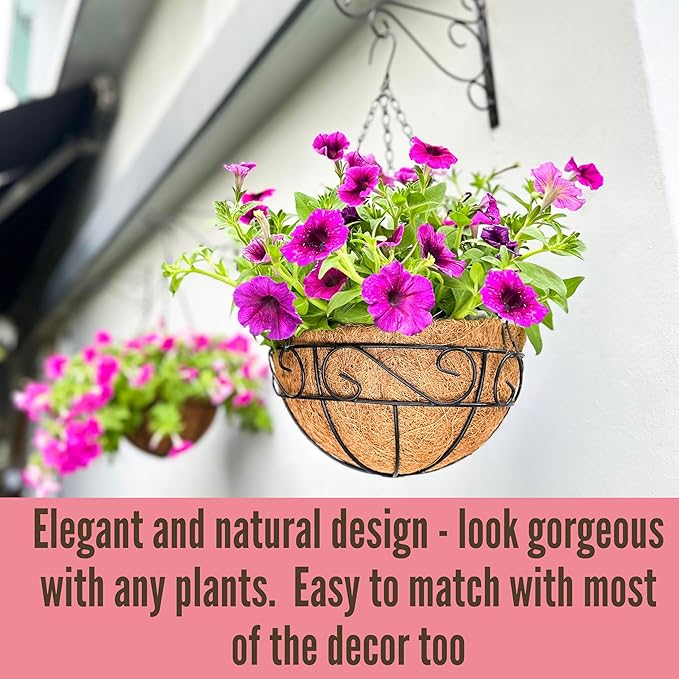 LaLaGreen Hanging Planter for Outdoor Plants (4 Pack, 16 Inch) Hanging Baskets with Coco Liner, Metal Wire Flower Basket Pots with Hook Hanger Balcony Porch Farmhouse Country Style Garden Decor