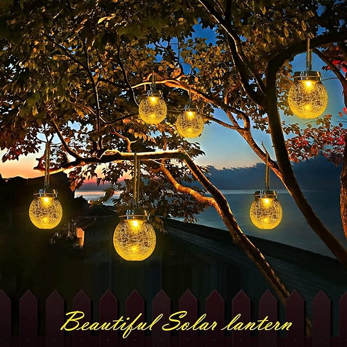 DBF Solar Lanterns Outdoor Waterproof, 4 Pack Hanging Solar Lights Outdoor, LED Cracked Glass Ball Globe Lantern Garden Decor for Patio Backyard Pathway Tree Porch Fence Events (Amber Warm & RGB)