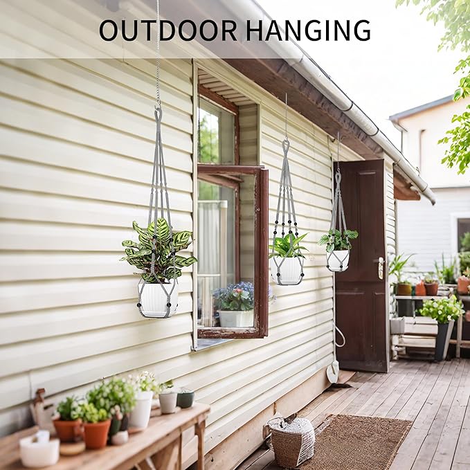 3 Pack Macrame Plant Hanger - 43"/35"/29" Different Sizes, Hanging Planter Basket Flower Pot Holder for Indoor Outdoor, with Wood Beads, Boho Home Decor, Gray (POTS NOT Included)