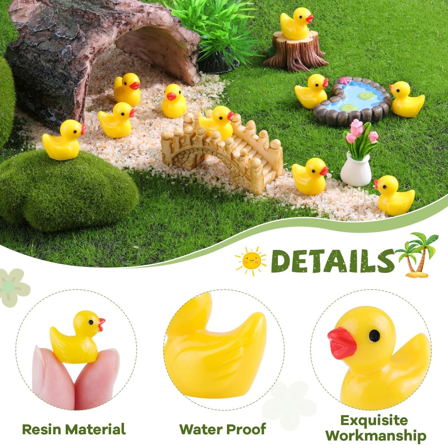200PCS Mini Resin Animals Cute Yellow Tiny Ducks,Miniature Duck Figures to Hide,Little Animal Toys Small Figurines Bulk for Topper Desk Garden Dollhouse Landscape Aquarium Ornaments DIY Crafts & Decor