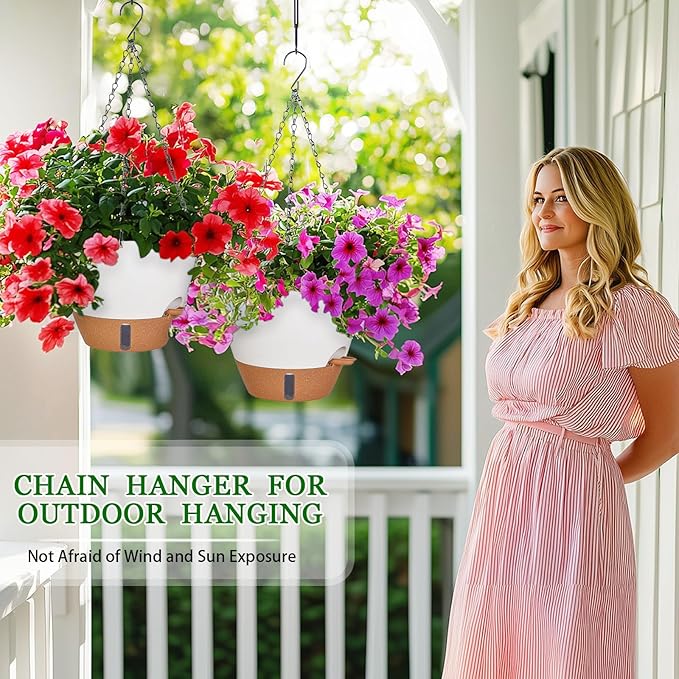 10 Inch Hanging Planters for Indoor Plants, 2 Pack Self Watering Hanging Baskets Flower Pots with Drainage Hole, Visual Reservoir & 2 Kinds of Plant Hanger for Outdoor Garden Home Decor