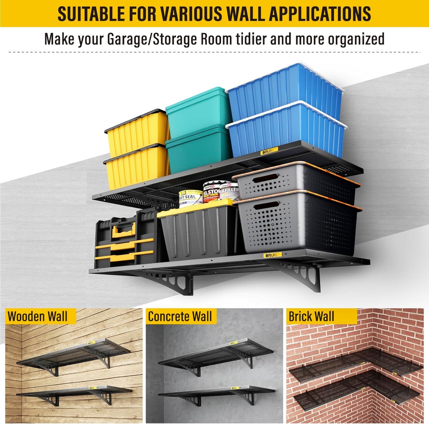 2Pack 1.64x4ft Adjustable Metal Garage Wall Shelving Heavy Duty Garage Storage Shelf Wall Mounted Black