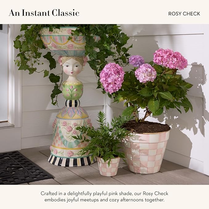 MACKENZIE-CHILDS Enamel Garden Pot, Decorative Pot for Plants, Outdoor Flowerpot Decor, Small, Pink-and-White Rosy Check