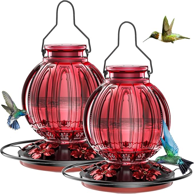 2 Pack Glass Hummingbird Feeder for Outdoors Hanging, Bird Nectar Feeder with Perch & 5 Flower Feeding Ports, 26 Oz Leak Proof for Outside Garden Decor Backyard, Gifts for Women Mom, Red