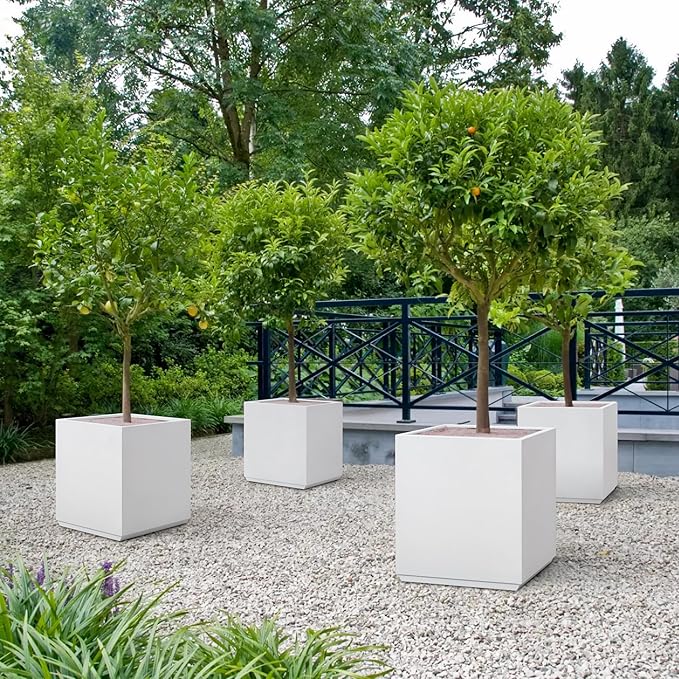 Metallic Heavy Planter Box for Outdoor or Indoor, No Assemble and Seamless, Large Square Planter, Cube Planter for Tall Trees, Plants, Flowers 21Lx21Wx24H 35Pounds White
