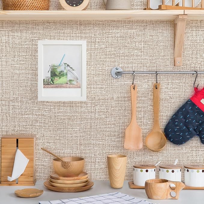 Khaki Grasscloth Peel and Stick Wallpaper 17.3"x480" Faux Linen Textured - Image 3
