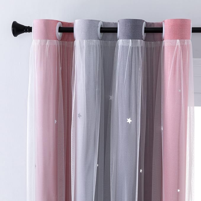 XiDi Curtains for Bedroom Decor, Rainbow Pink-Grey-52-90 - Image 2