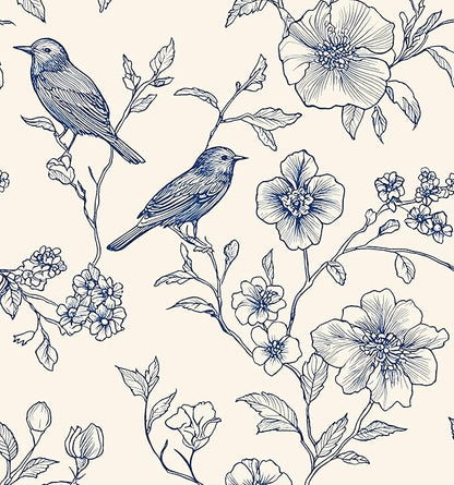 Beige Wallpaper Peel and Stick Blue Floral Bird Vintage Contact Paper 17.5" x by Laatse