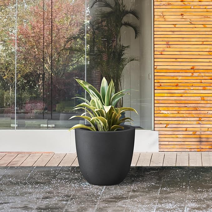 Kante 10 Inch Dia Round Concrete Planter, Indoor Outdoor Large Plant Pot with Drainage Hole and Rubber Plug for Home Patio Garden, Black