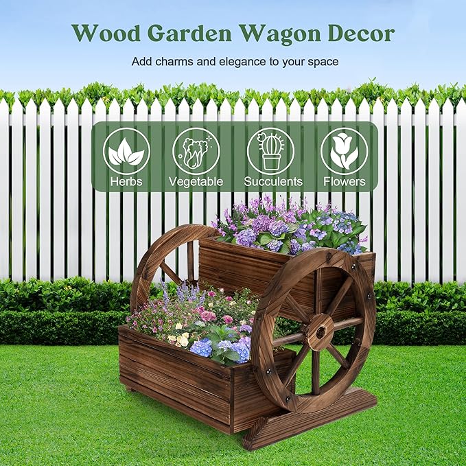 Wooden Wagon Planter Box, Garden Planter with Wheels,Decorative Planter for Flowers Herbs Vegetables for Indoor & Outdoor Décor, Flower Cart for Patio Garden Balcony