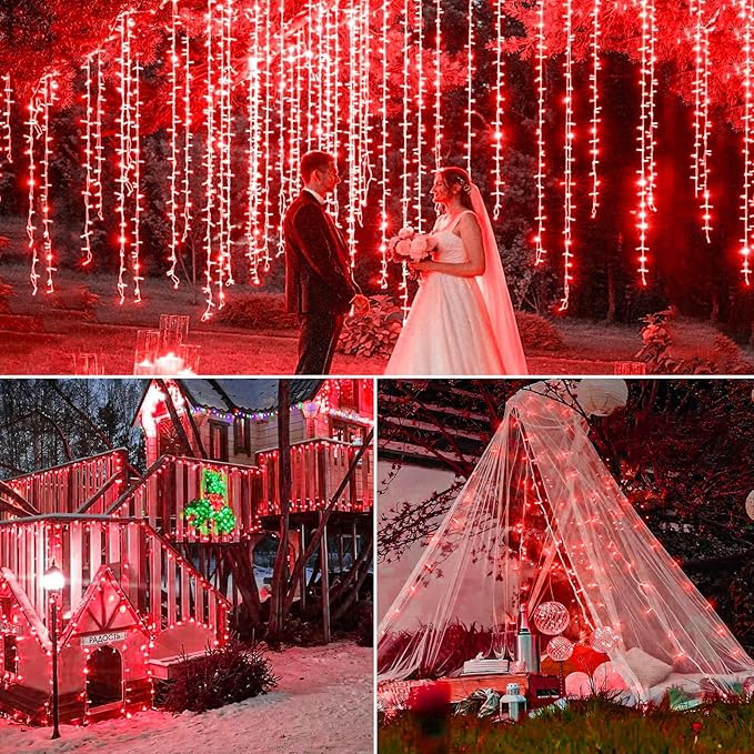 Vivideal 33ft Red Christmas String Lights Outdoor, 100 LED 8 Modes Clear Wire, Connectable Waterproof Plug-in Pink Christmas Tree Decor for Bedroom Indoor Outdoor