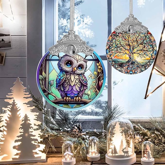 Owl Stained Glass Suncatcher, Jocidea Owl Ornament, Owl Christmas Ornament, Holidays Ornaments, Christmas Tree Ornament, Owl Decor, Gifts for Owl Lovers
