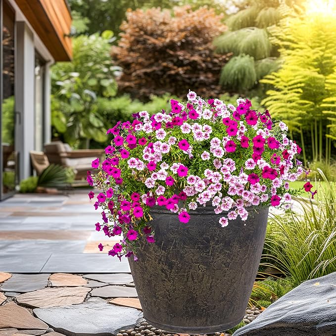 Sunnydaze 24-Inch Anjelica Large Plastic Pot for Plants - Outdoor Polyresin Round Planter with Drillable Drainage Holes - Sable - 4pk