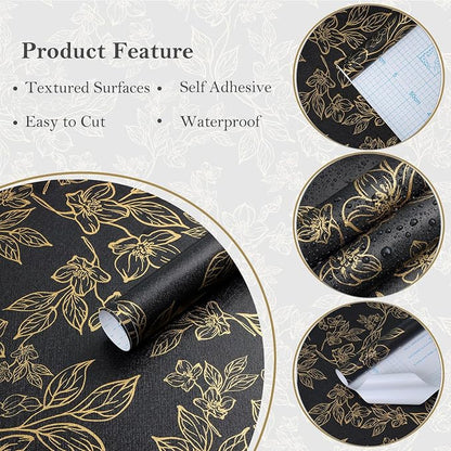 Ismoon Peel and Stick Wallpaper Black and Gold Stick on Wallpaper Dark Floral - Image 9
