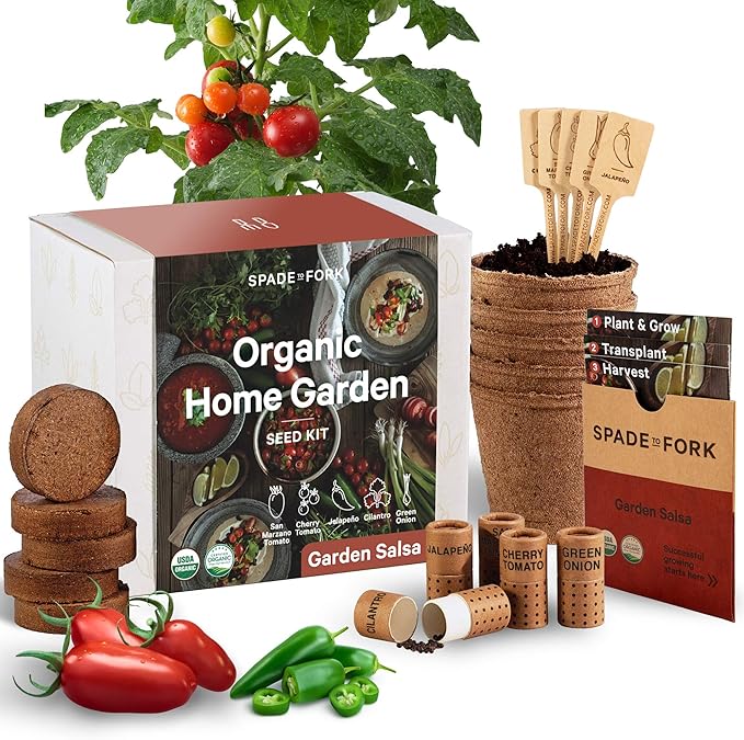 Organic Indoor Salsa Garden Starter Kit - Made in USA - Certified USDA Organic - 5 Seed Types San Marzano & Cherry Tomato, Jalapeño, Cilantro, Green Onion - Potting Soil, Indoor Herb Garden Kit
