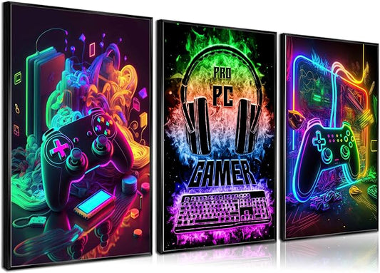 3Pcs Cool Gaming Wall Art Retro Video Gamer watercolor Posters Pictures by PPV