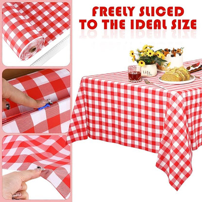 Kochorie 54 Inch x 100 Ft Red Checkered Plastic Table Cloth Roll Disposable - Image 4