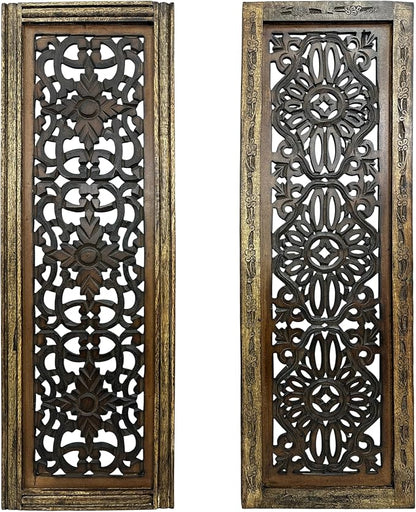 Floral Hand Carved Wooden Wall Panels Set of 2, Rustic Brown Decorative Wall Art by TUPTHEURBANPORT
