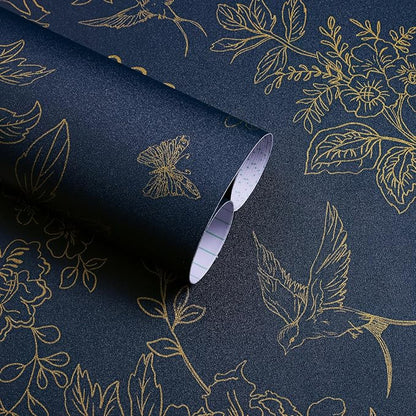 Froluya Dark Blue and Gold Vintage Floral Peel and Stick Wallpaper 17.7"x118.1" by Froluya