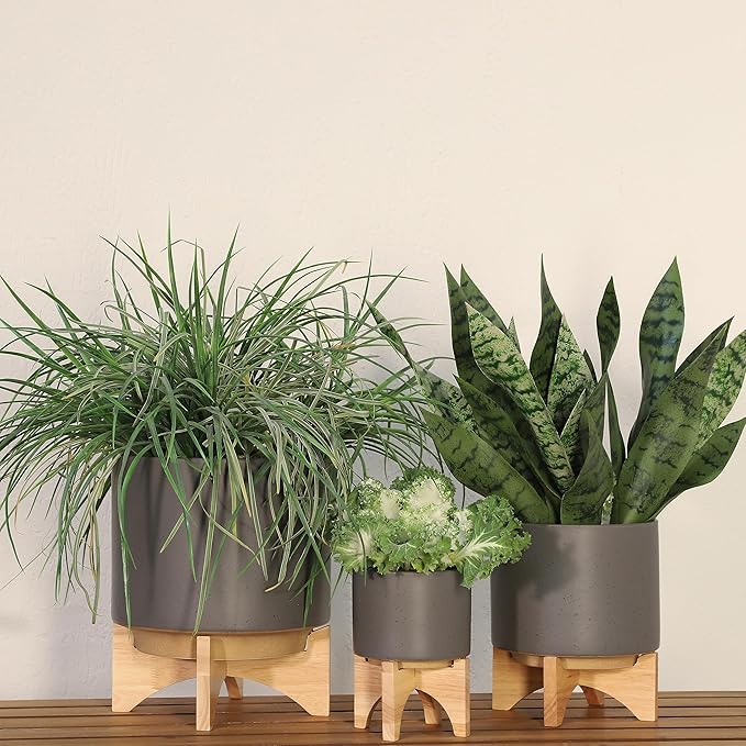 Sagebook Home 8" Ceramic Planter, Matte Gray Planter, Indoor/Outdoor Planter on Wooden Stand - Use for Succulent Pot, Plants, Flowers and More