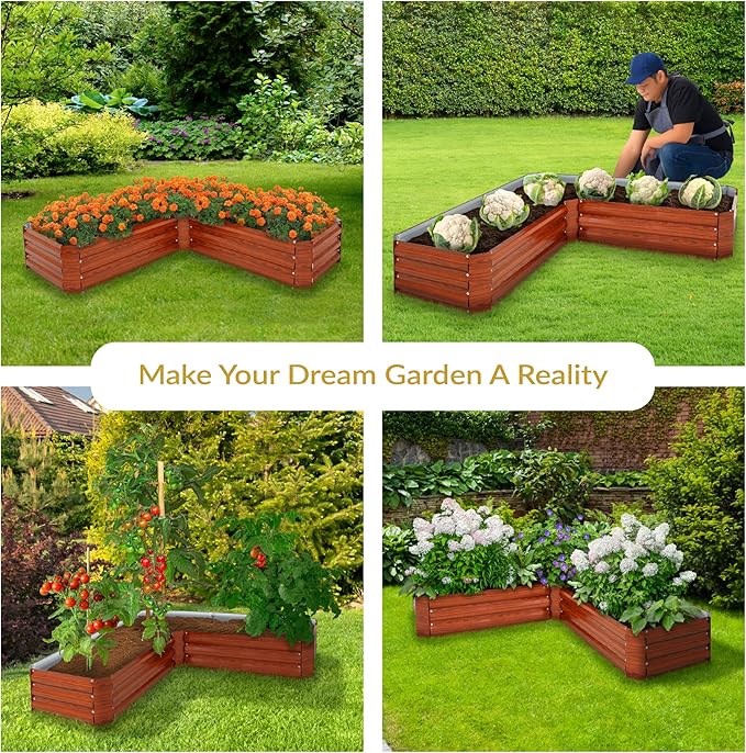 Sunnydaze 11.75" H Raised Metal Garden Bed - Galvanized Raised Garden Bed Outdoor for Vegetables and Flowers - Woodgrain - L-Shaped
