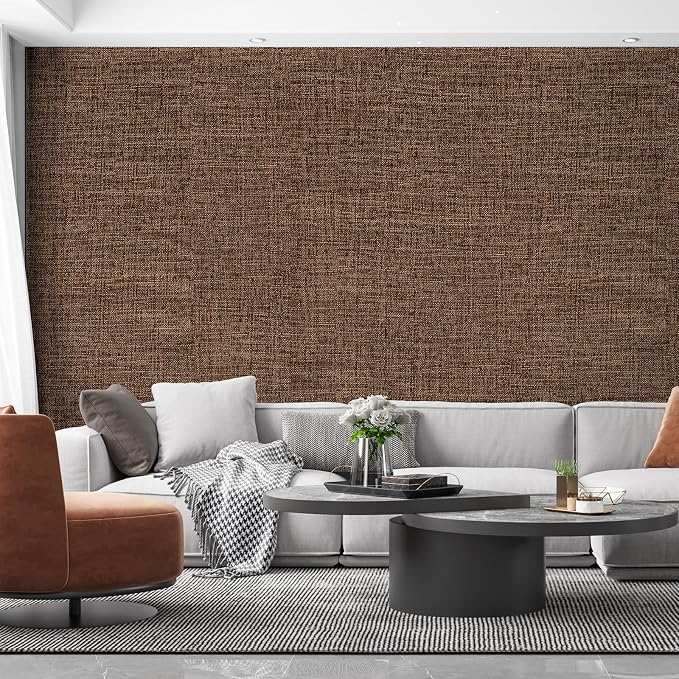 Brown Grasscloth Peel and Stick Wallpaper 17.3"x480" Faux Linen Textured - Image 7