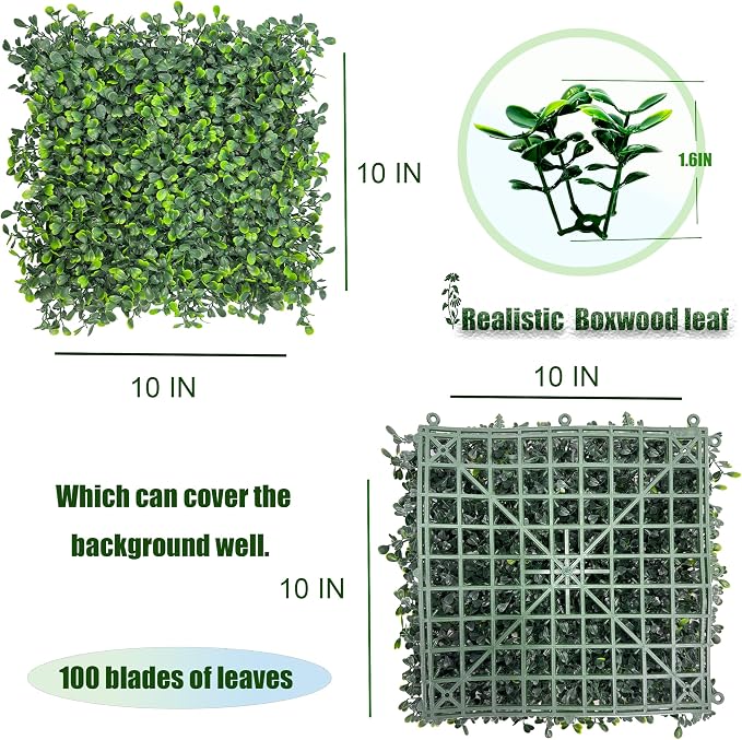 Artificial Grass Wall Panels: 10"x 10" UV-Anti Boxwood Faux Green Leaf Backdrop - Image 2