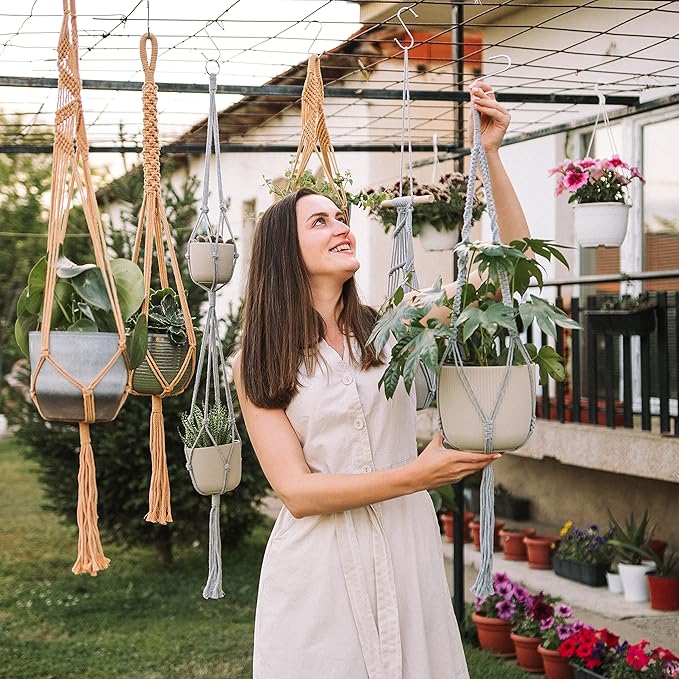 6-Pack Macrame Plant Hanger - 12 Ceiling Hooks, Plant Hanger Indoor, Hanging Plant Holder, Hanging Planters for Indoor Plants, Boho Plant Hanger, Plant Hangers Indoor Macrame (Caramel)
